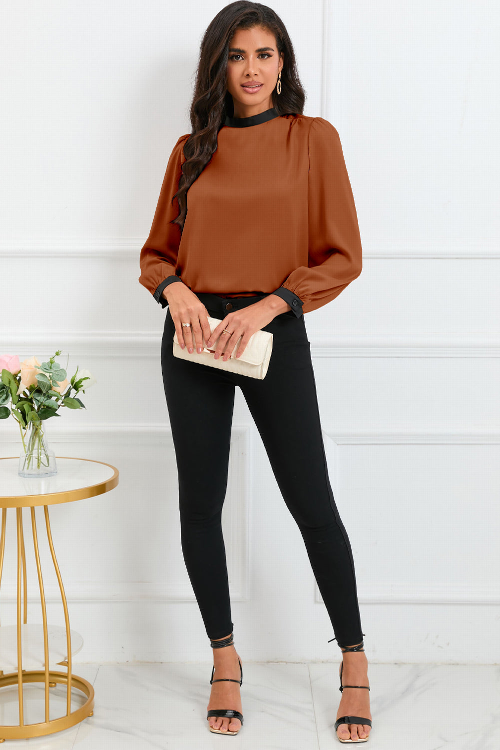 Color Block Bow Back Mock Neck Blouse