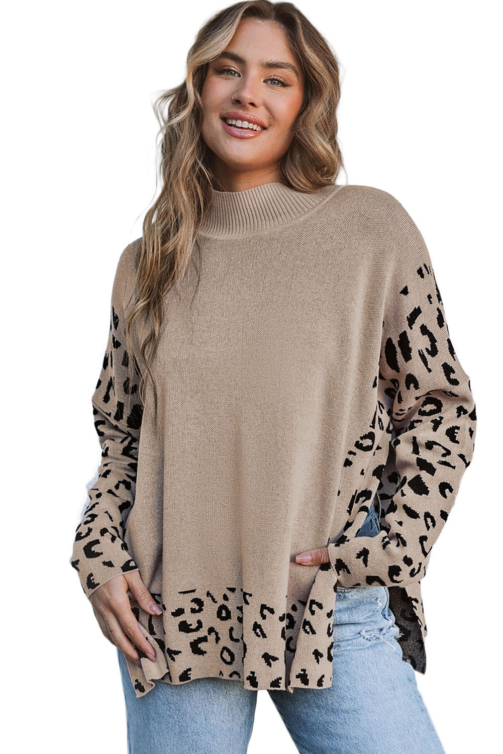 Leopard High Neck Side Slit Oversized Sweater