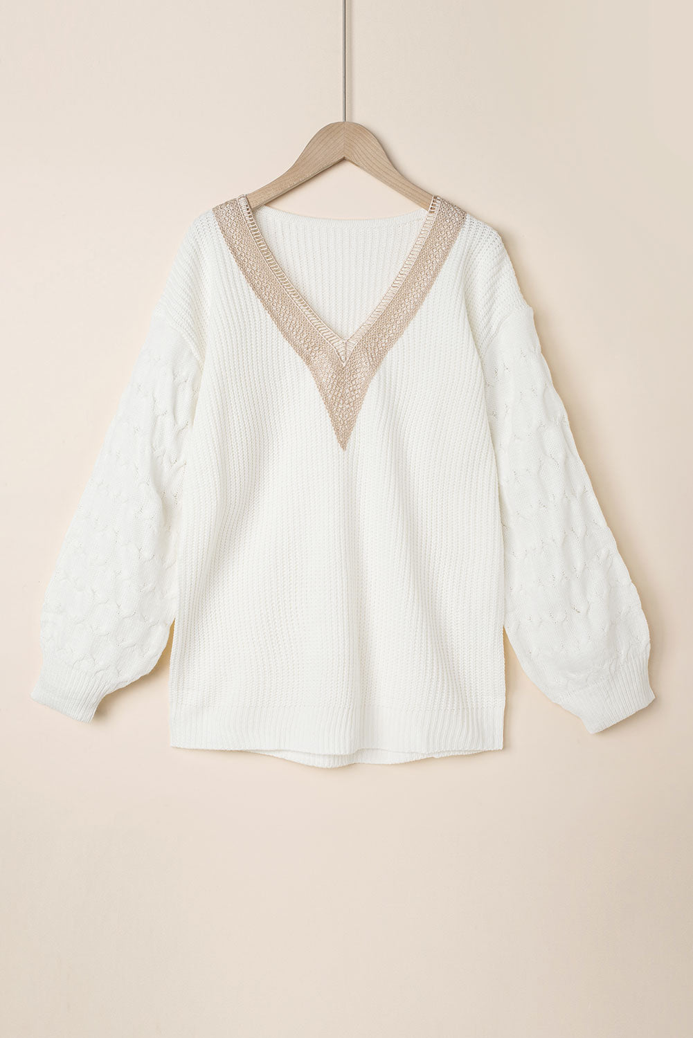 Cable Puff Sleeve Lace V Neck Sweater