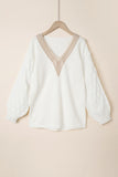 Cable Puff Sleeve Lace V Neck Sweater