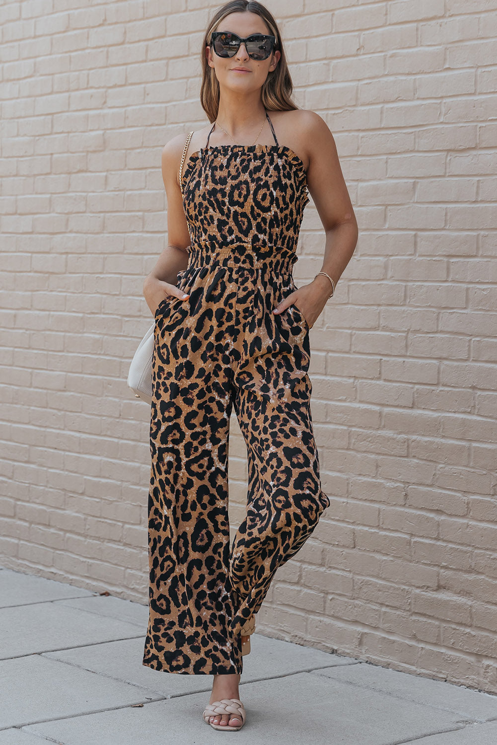 Print Halter Neck Backless Wide Leg Jumpsuit