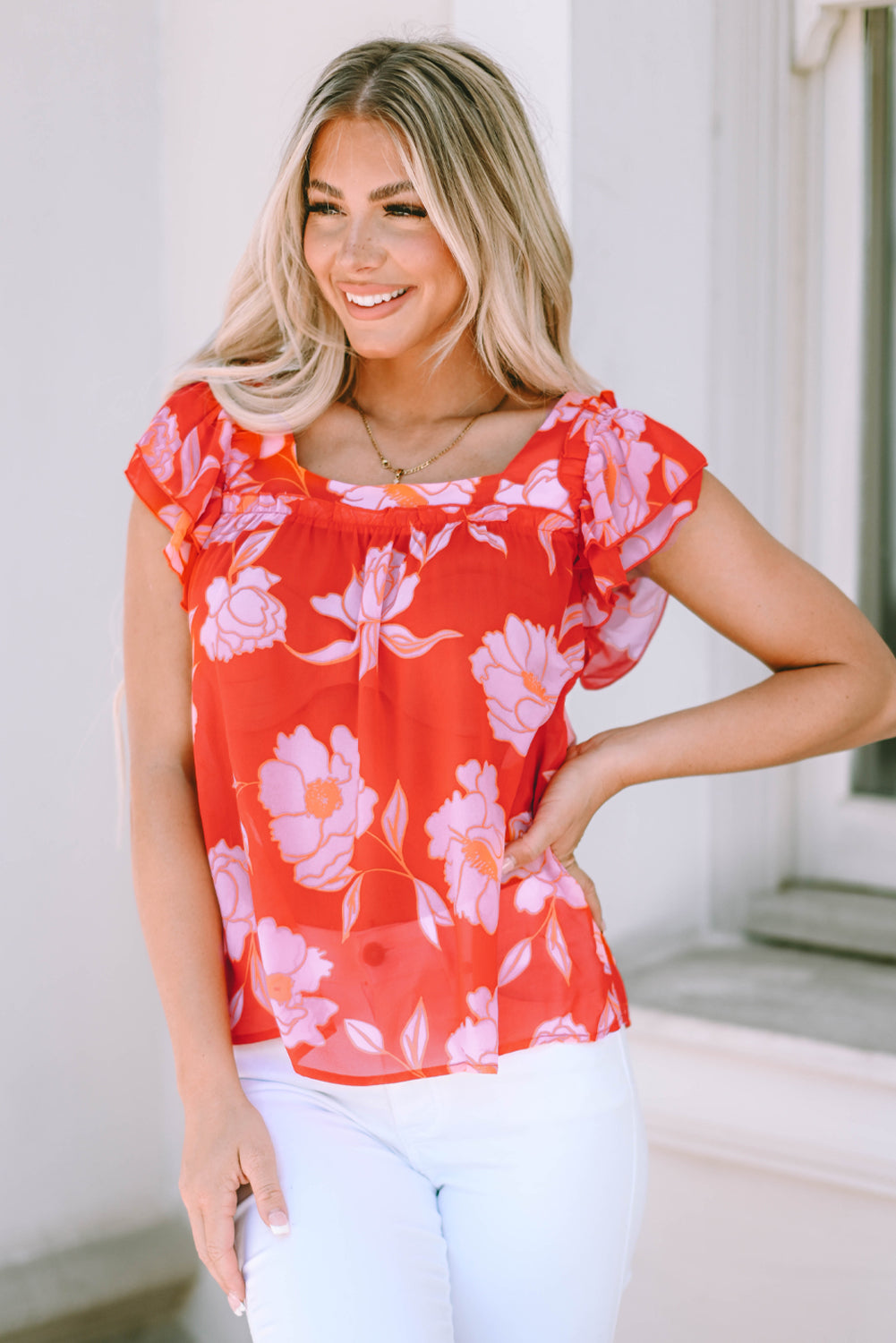 Floral Square Neck Ruffle Sleeve Blouse