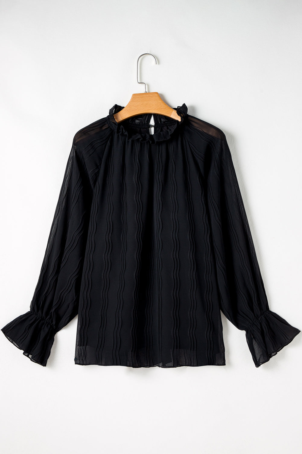 Striking Pleated Flared Cuff Long Sleeve Blouse