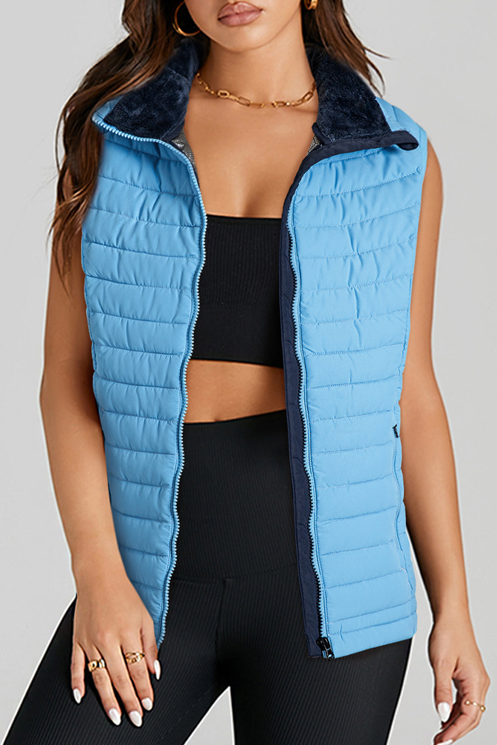 Sky Blue Plush Collared Quilted Zipped Puffer Vest