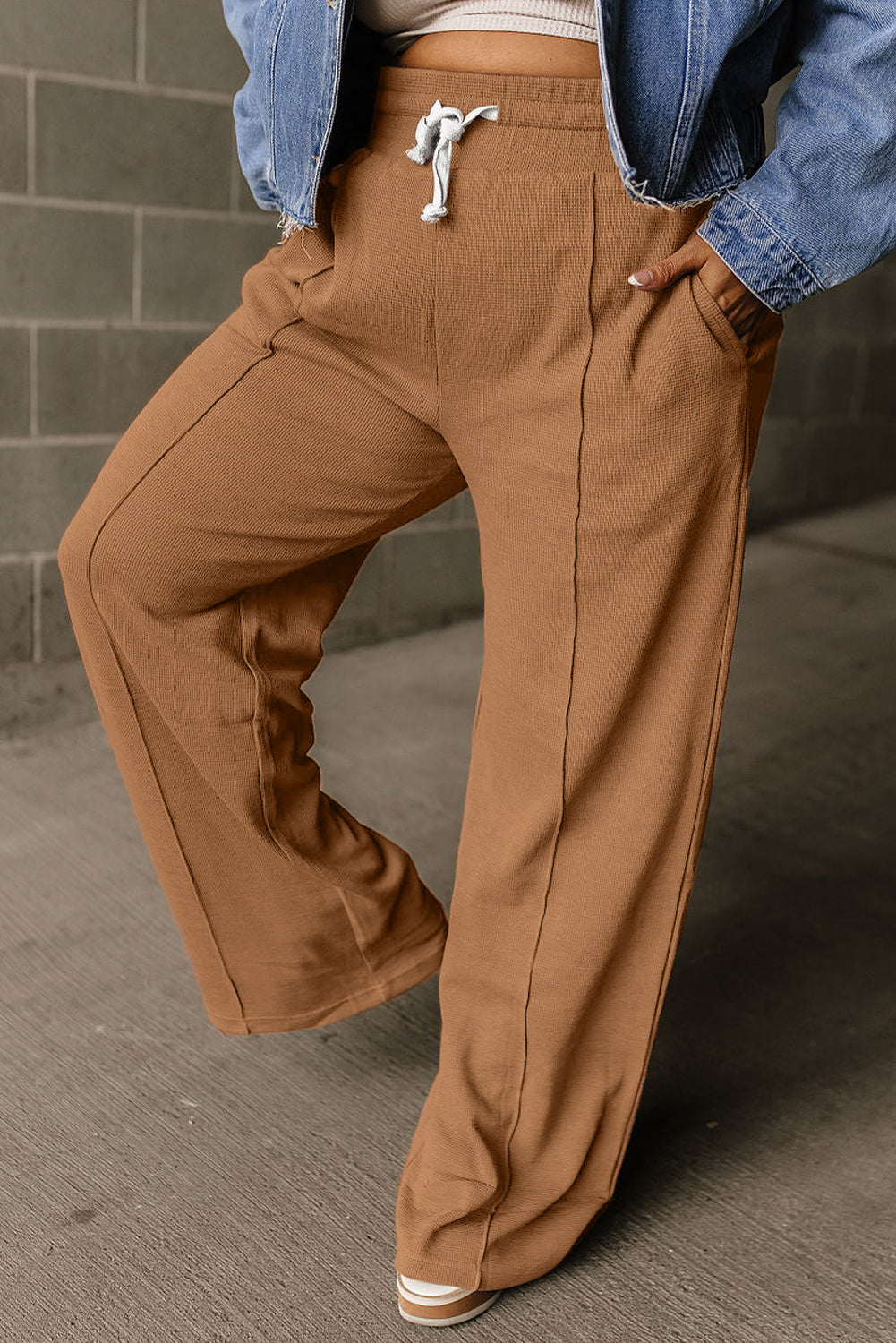 Brown Drawstring High Waist Wide Leg Waffle Knit Pants