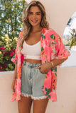 Floral Print Ruffled 3/4 Sleeve Loose Fit Kimono