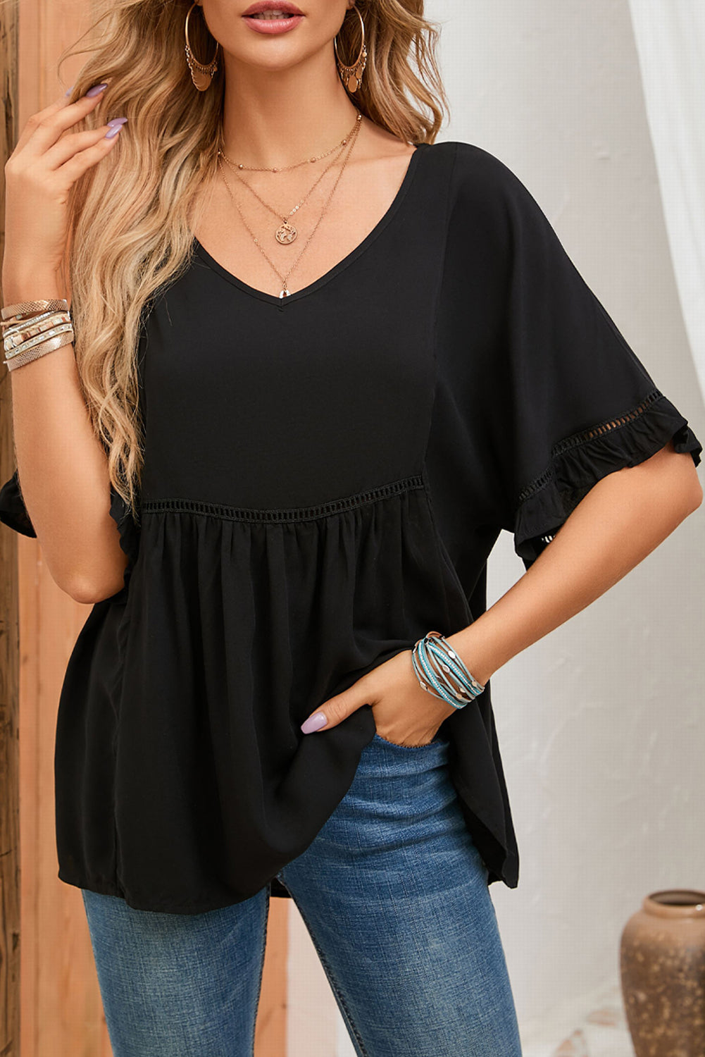 Ruffled Lace Detail Loose V Neck Top