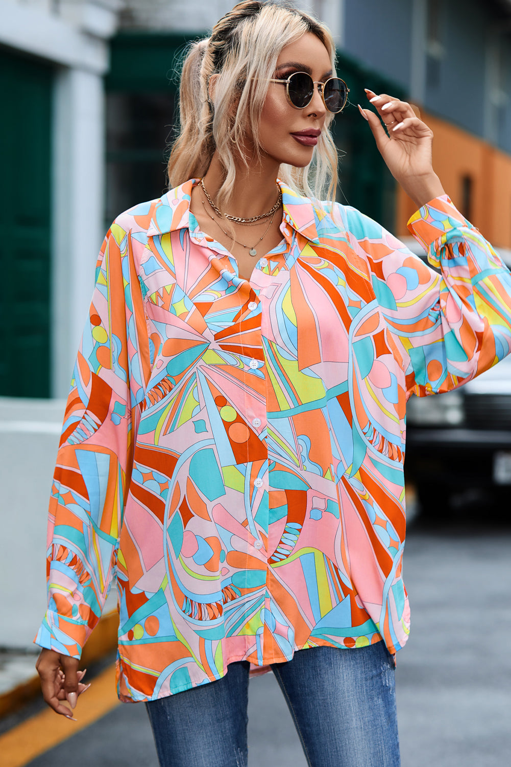 Abstract Geometry Print Half Puff Sleeve Loose Shirt