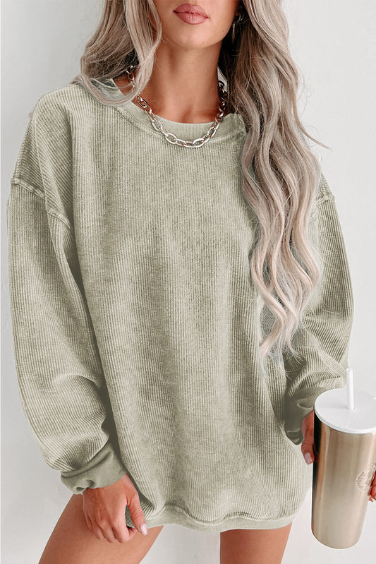 Green Solid Ribbed Knit Round Neck Pullover Sweatshirt