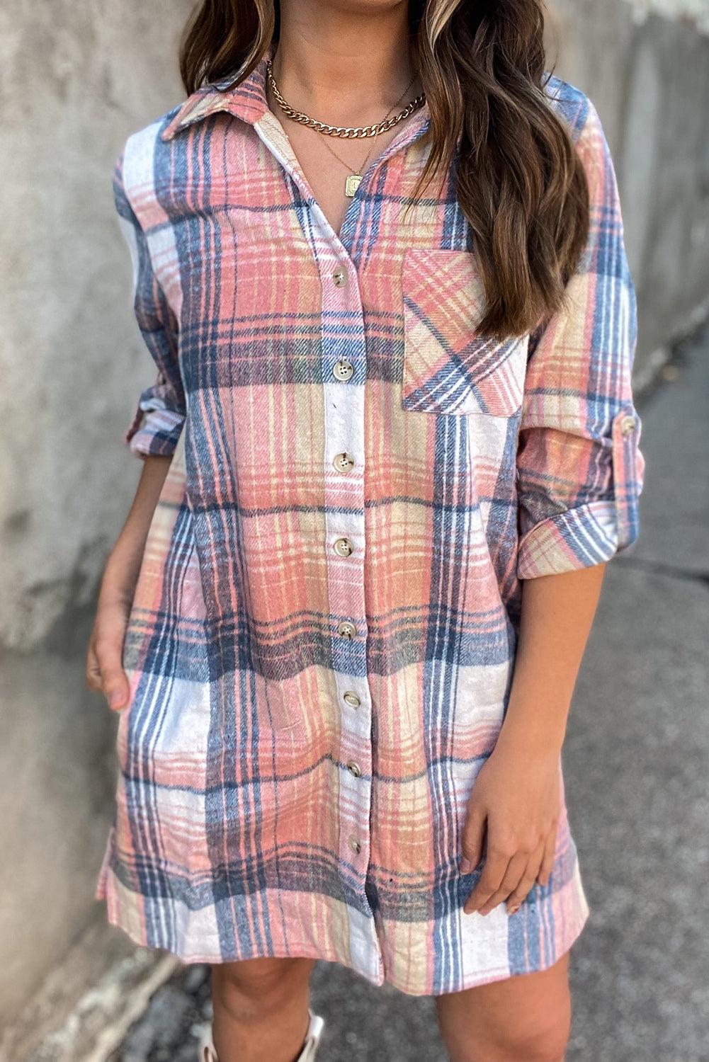 Plaid Roll-tab Sleeve Side Slit Shirt Dress