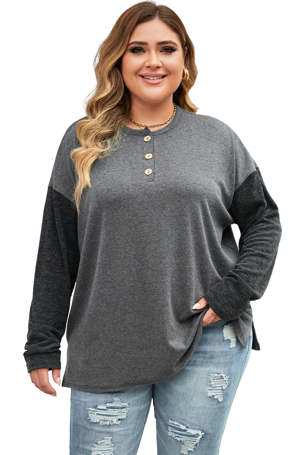 Plus Size Ribbed Long Sleeve Henley Top