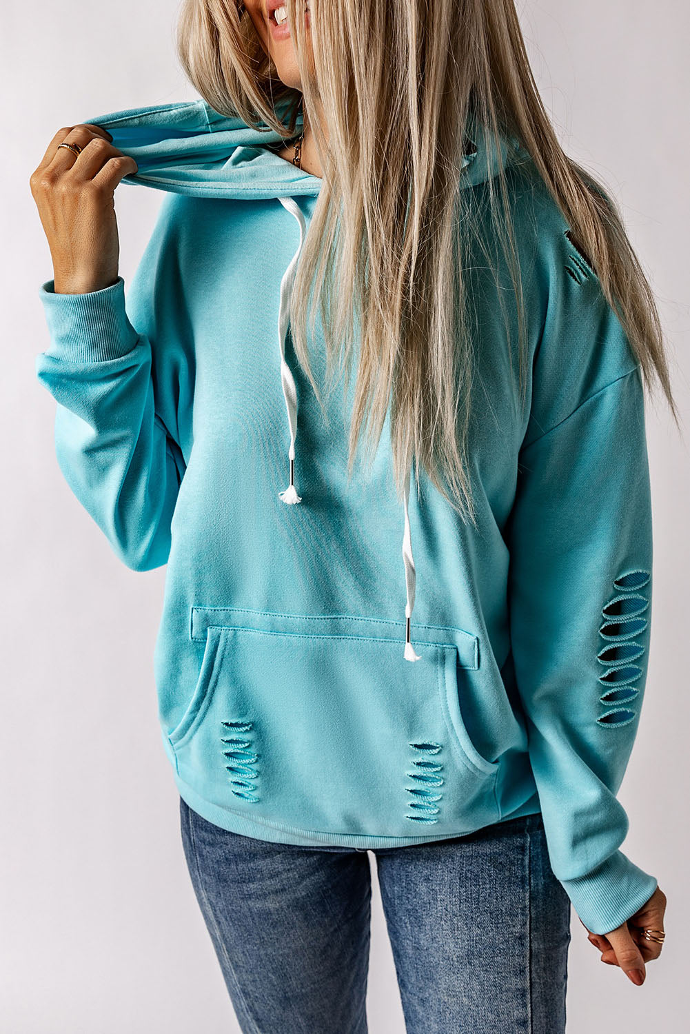 Solid Ripped Hooded Sweatshirt with Kangaroo Pocket