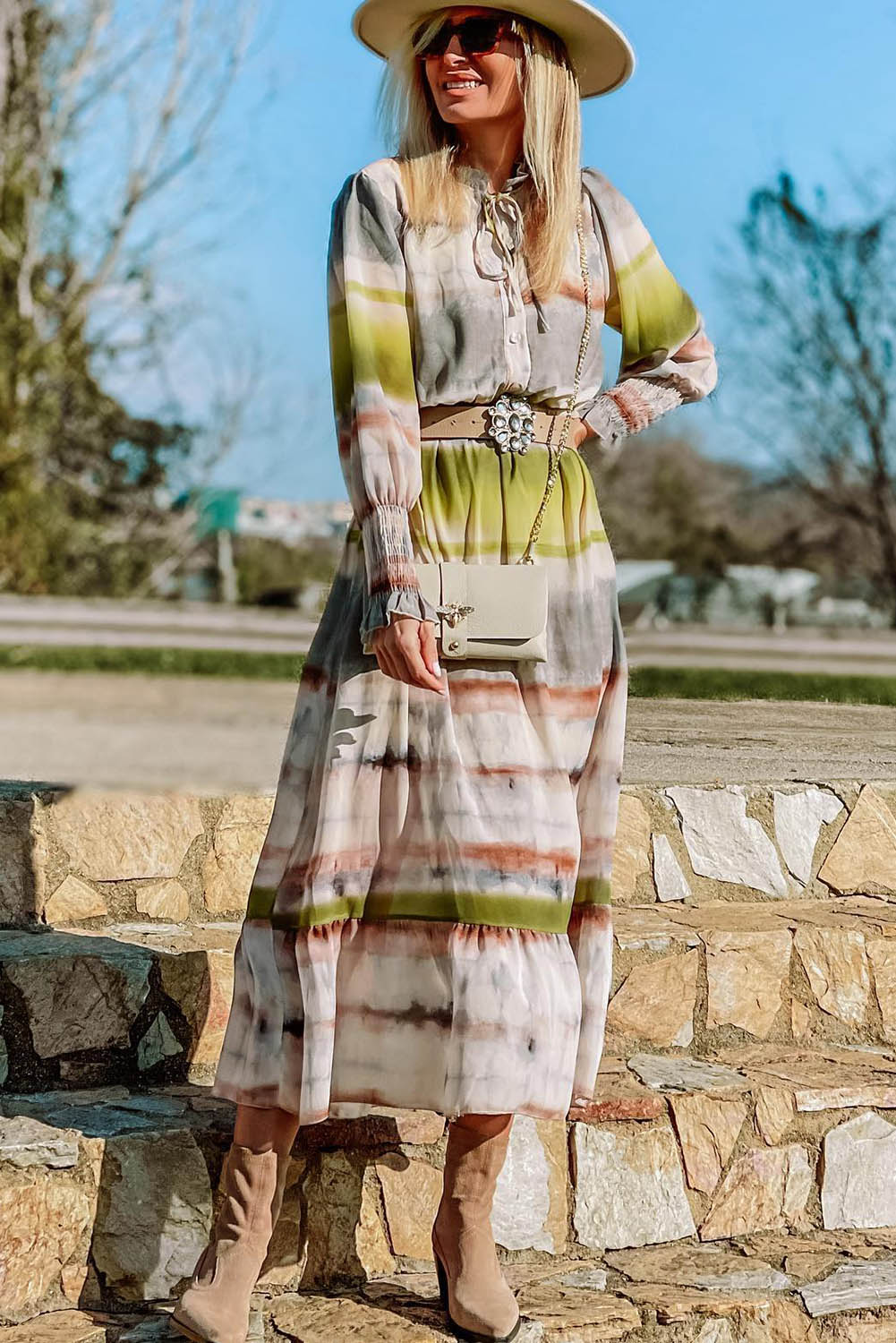 Lace Up Tie-dye Print Long Shirt Dress