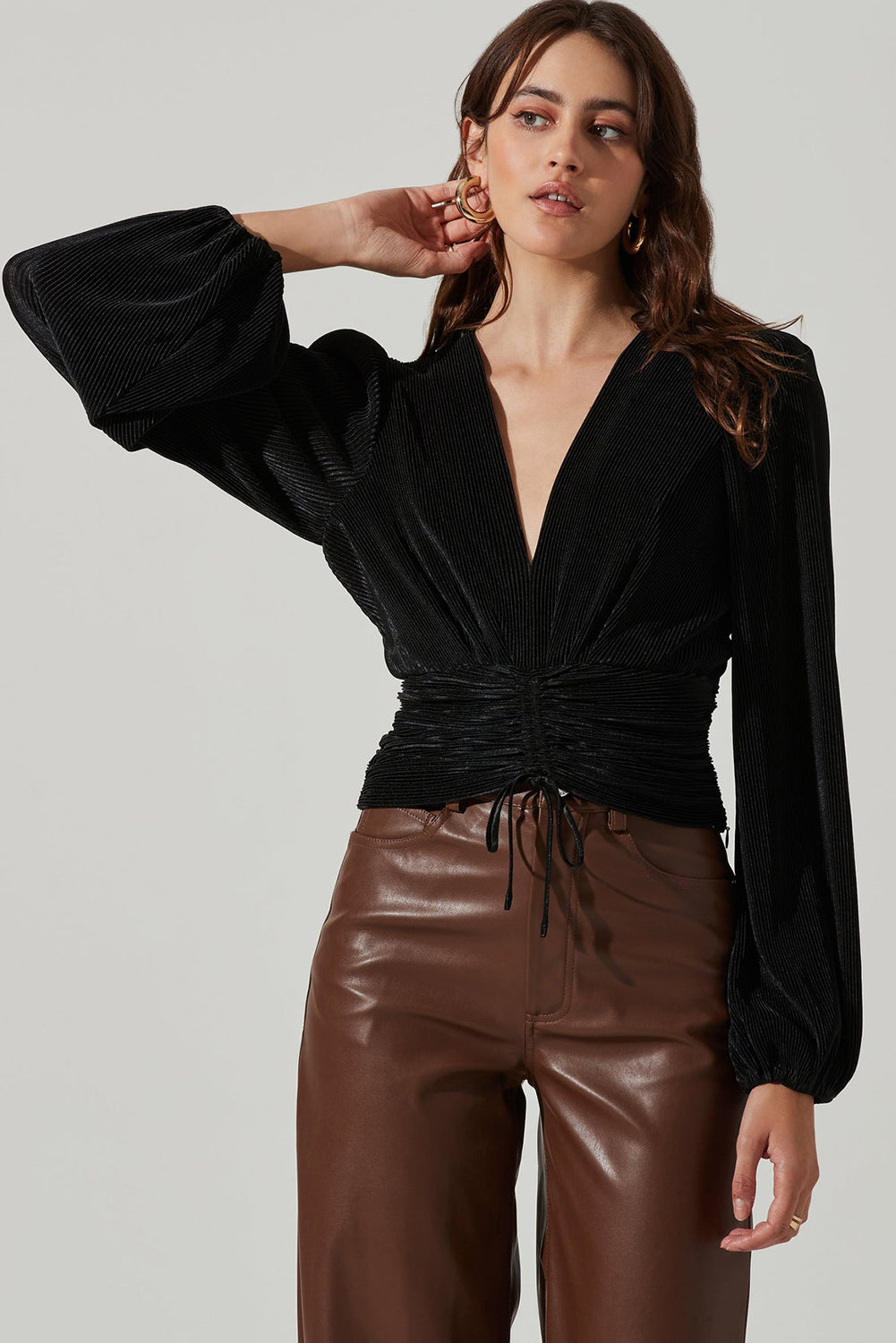 Pleated Drawstring Cinched Waist Bubble Sleeve Top