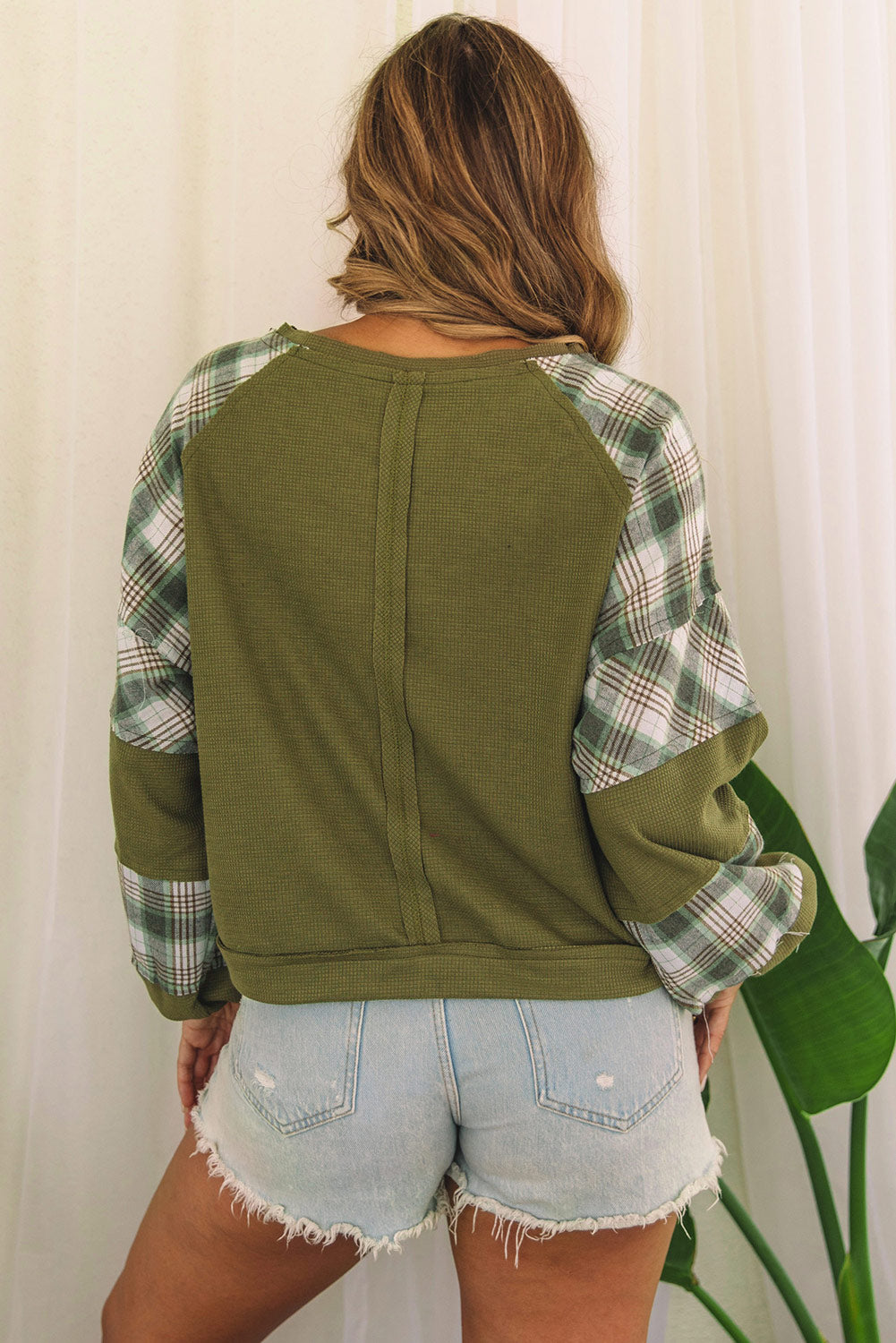 Plaid Patch Waffle Knit Exposed Seam Bubble Sleeve Top