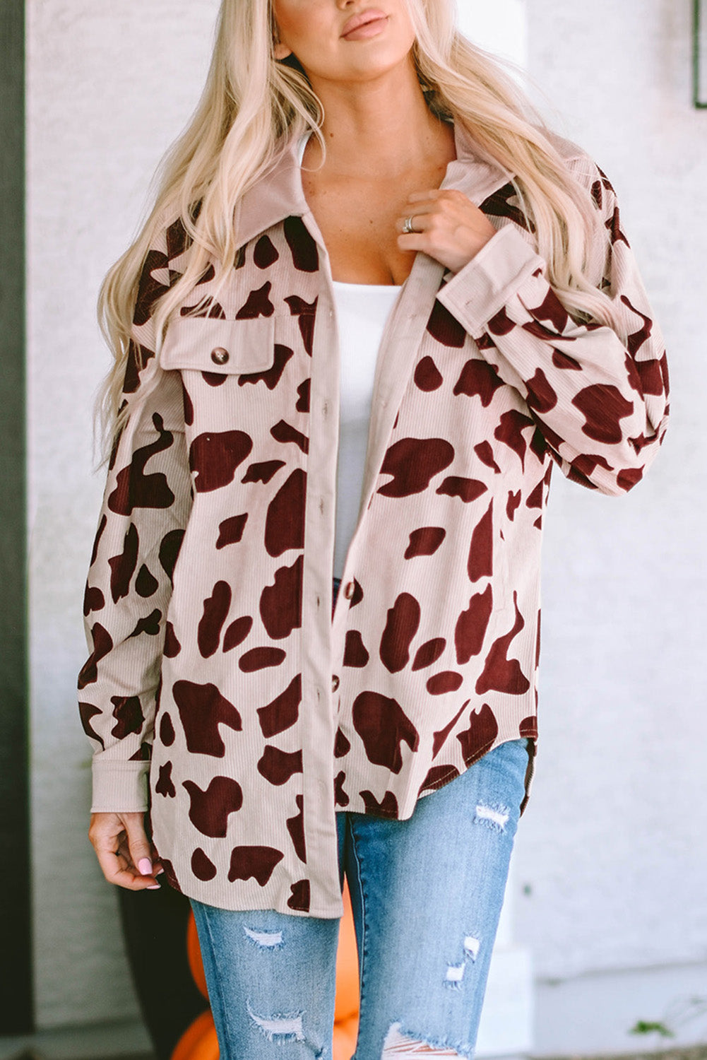 Cow Spots Printed Corduroy Shacket