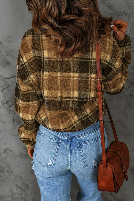 Zip Collar Plaid Pattern Fleece Sweatshirt