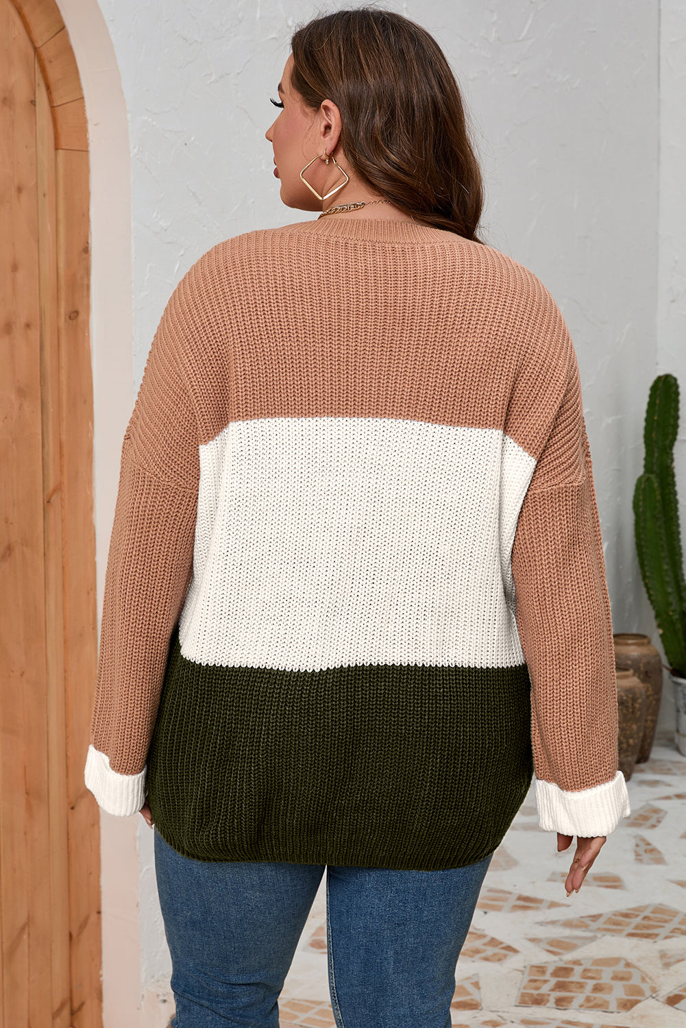 Khaki Color Block Tiered Knit Plus Size Sweater