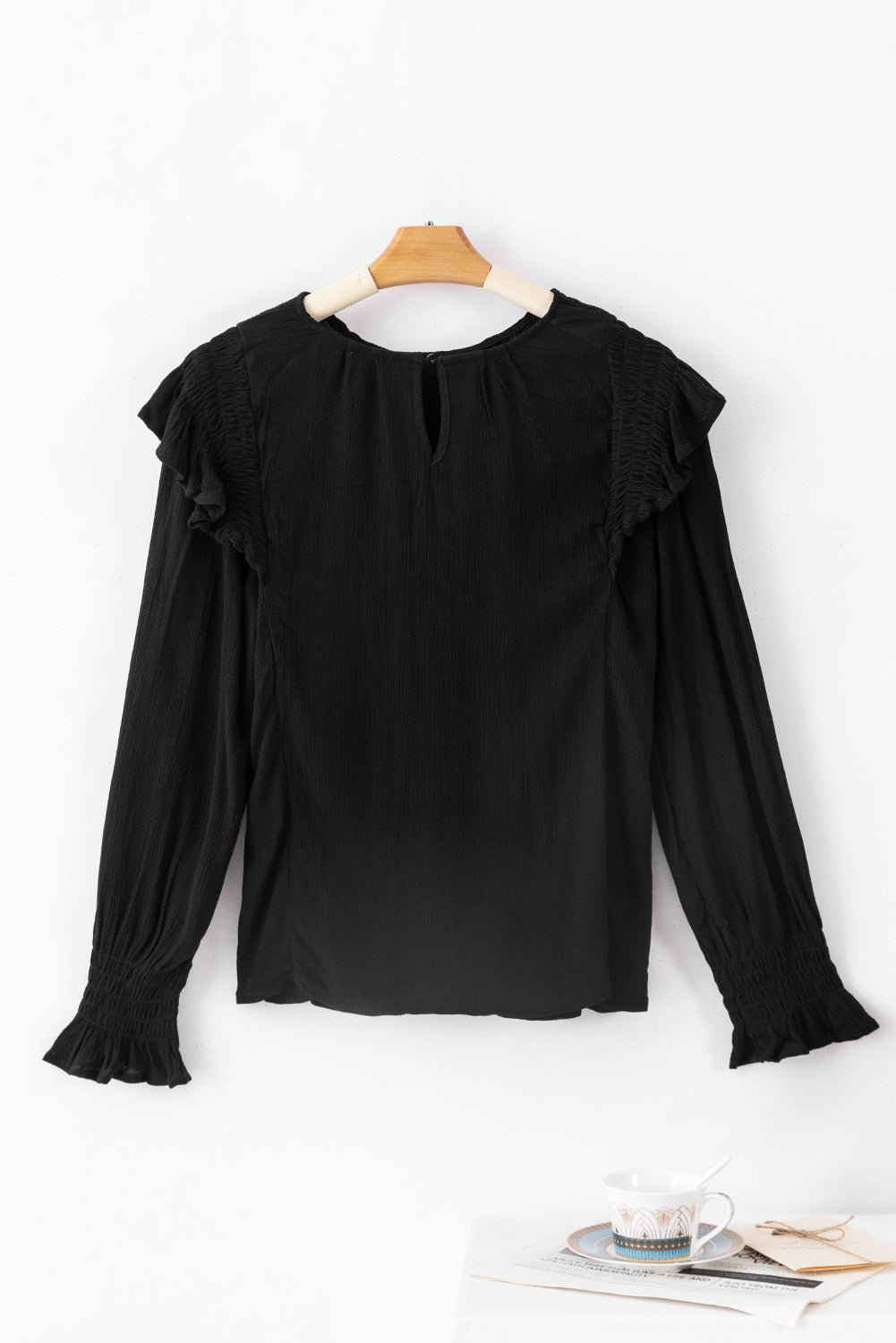 Black Crinkle Ruffle Trim Keyhole Puff Sleeve Blouse