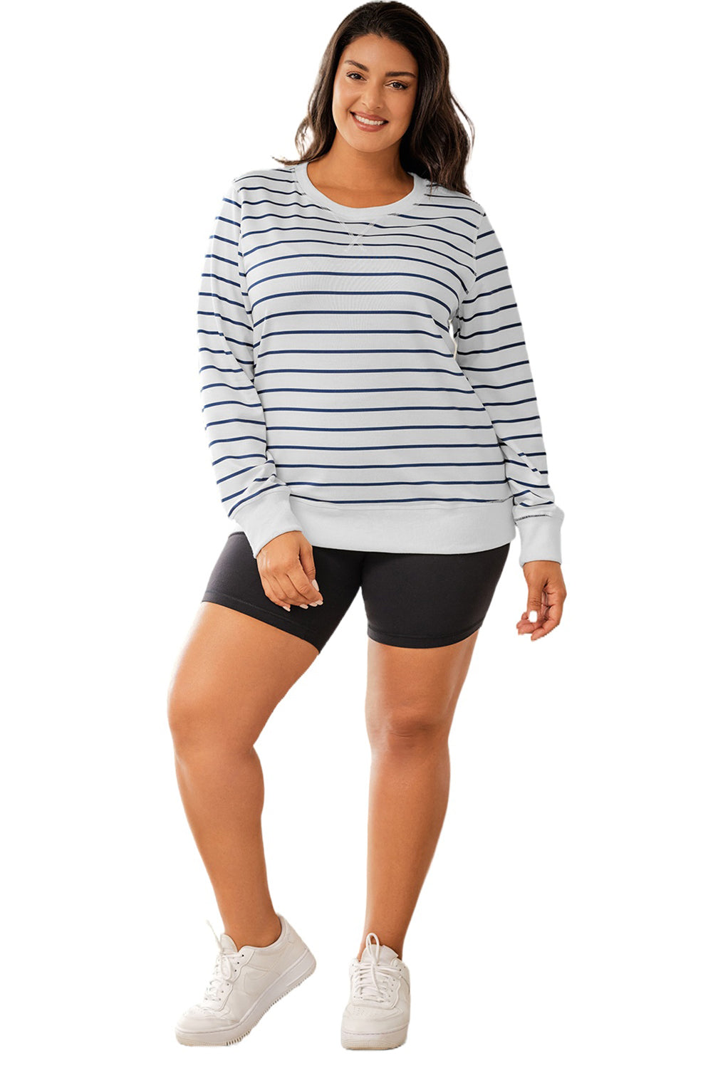 Striped Print Ribbed Trim Long Sleeve Top