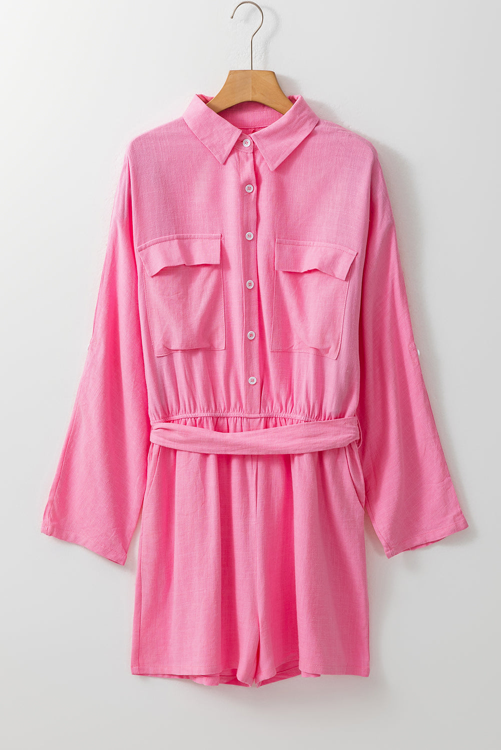 Rose Roll Tab Sleeve Button Shirt Style Belted Romper