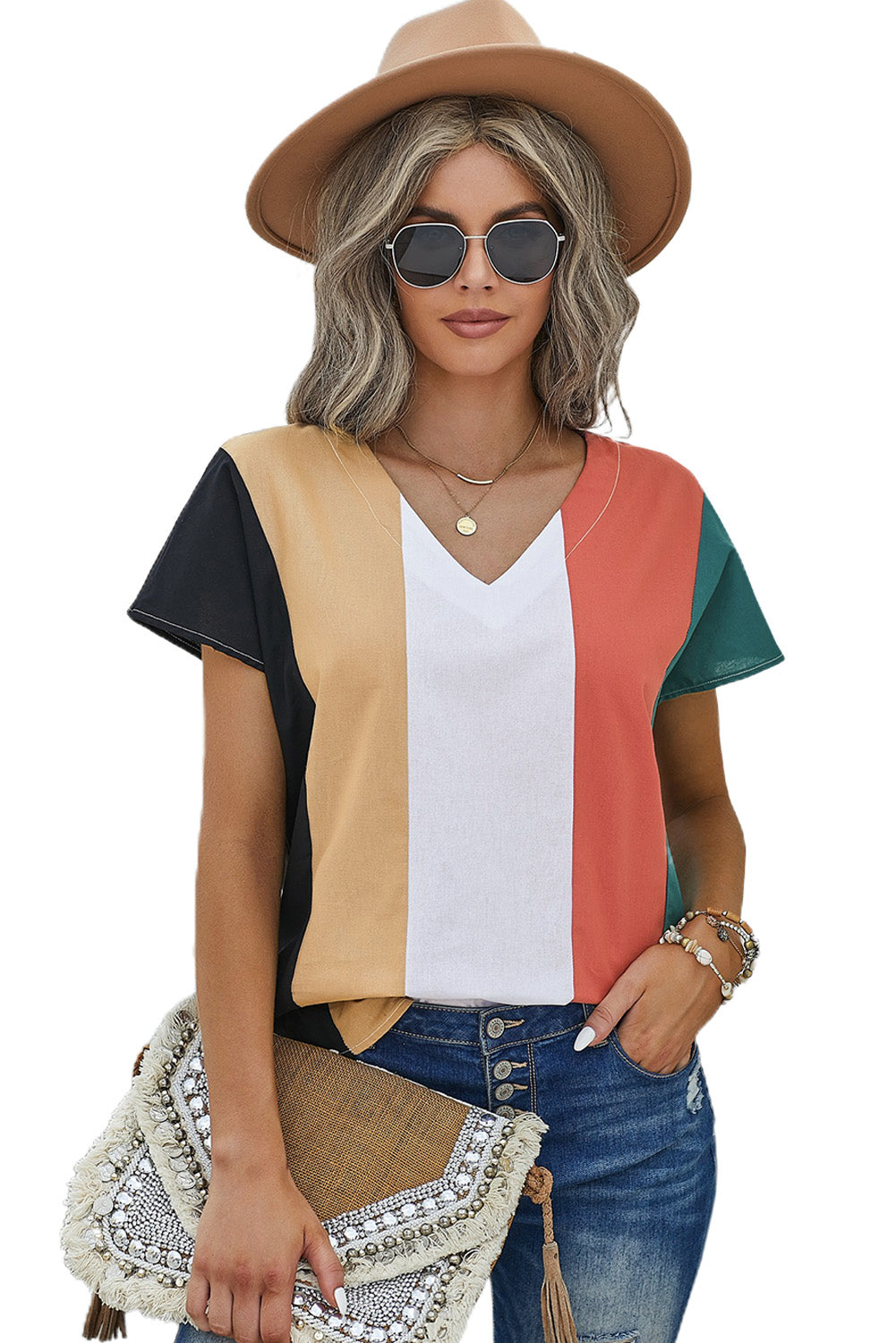 Multicolor Colorblock V Neck Short Sleeve Top