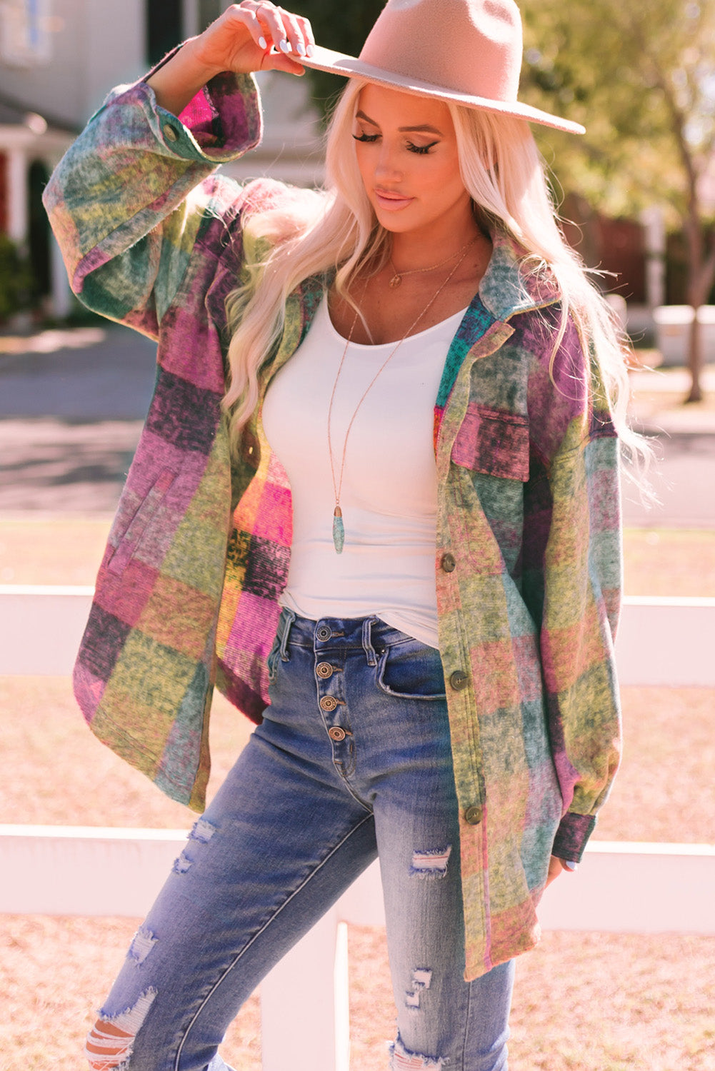 Multicolor Brushed Plaid Pocketed Oversize Shacket