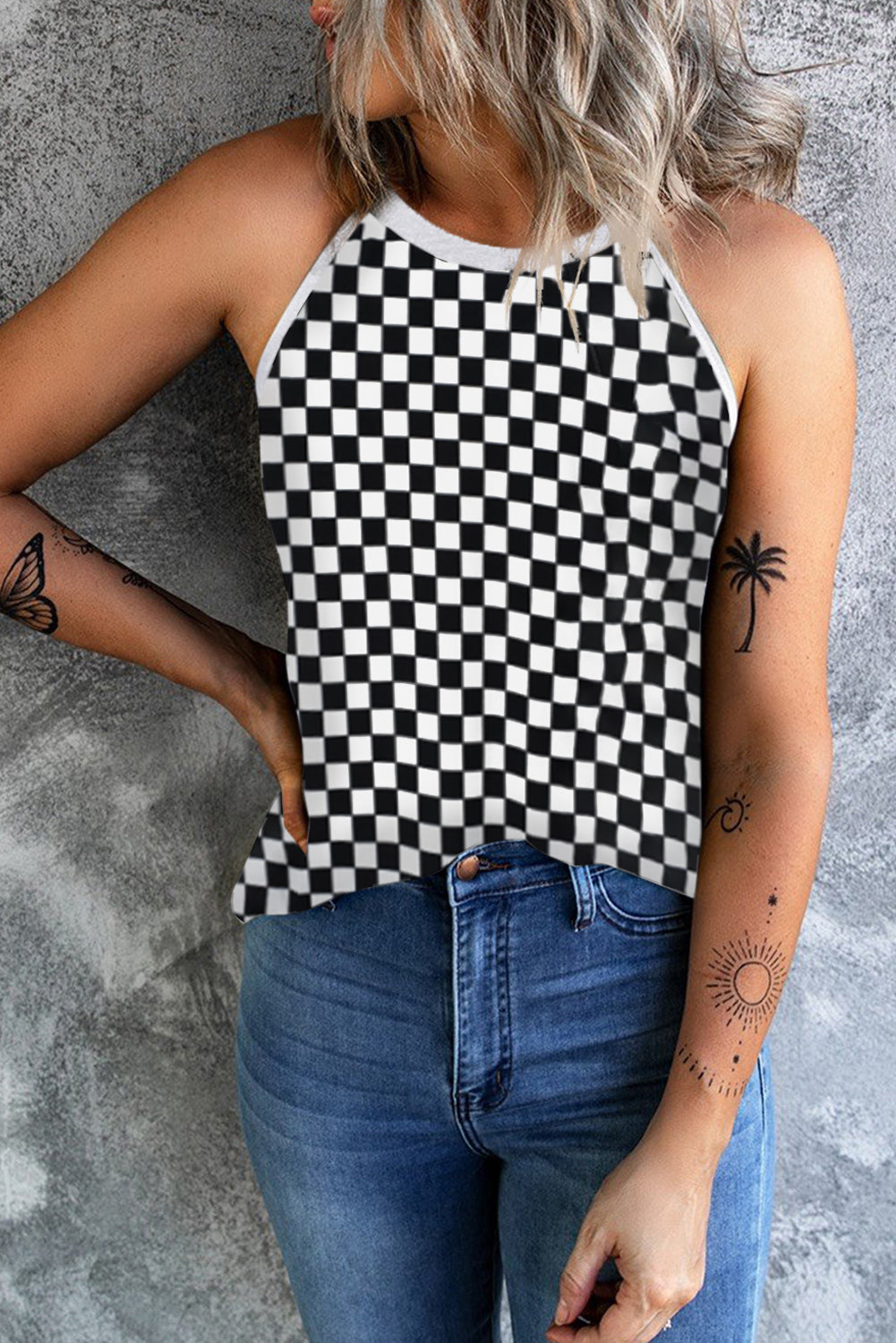 Plaid O Neck Sleeveless Tank Top