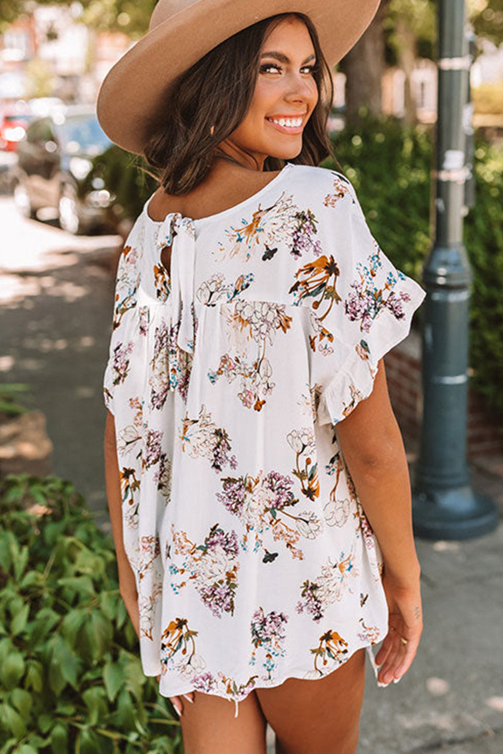 Floral Ruffled Short Sleeve Back Knot Blouse