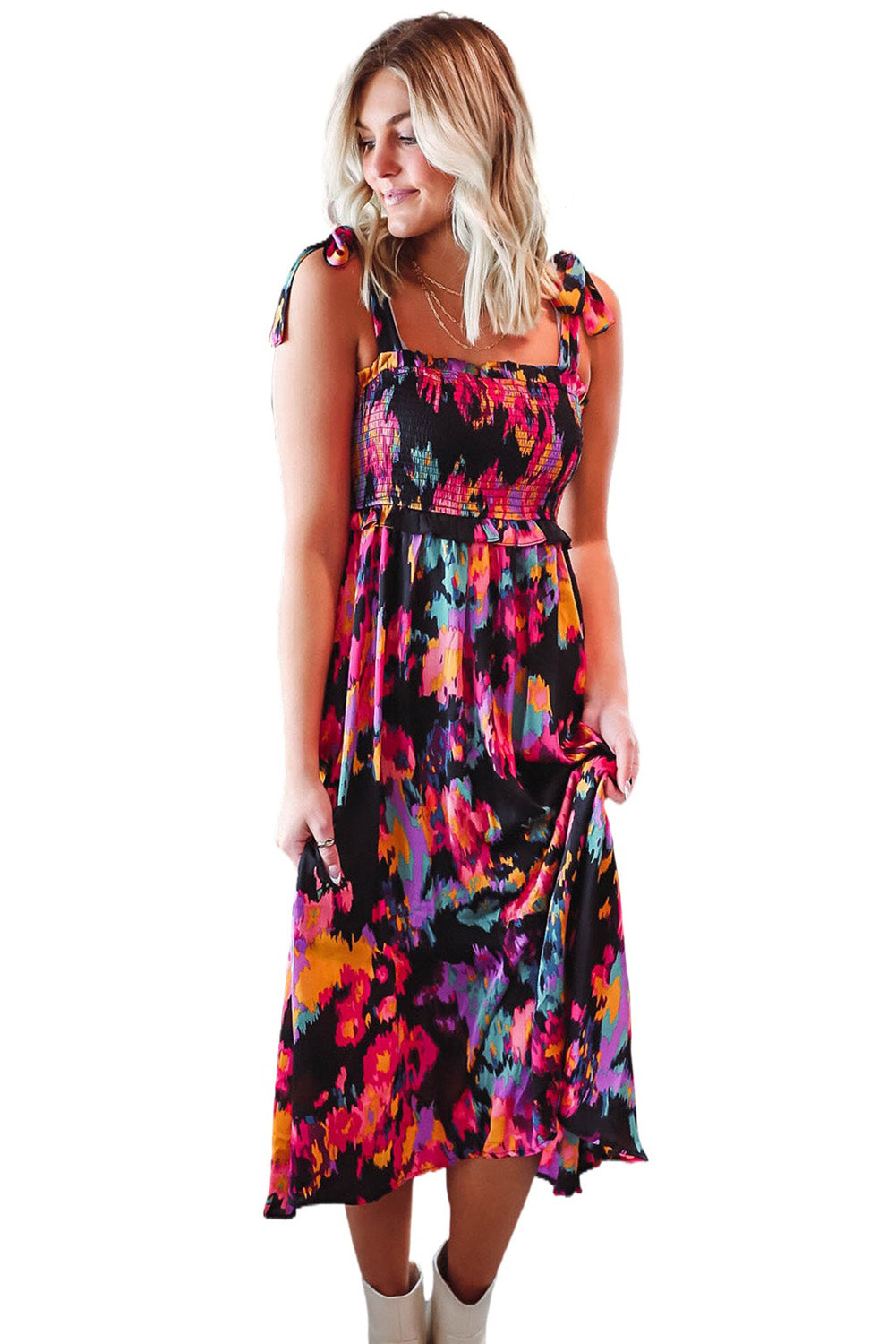 Abstract Floral Pattern Flutter Sleeve Tiered Maxi Dress