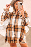 Khaki Western Plaid Button Up Loose Shirt Dress