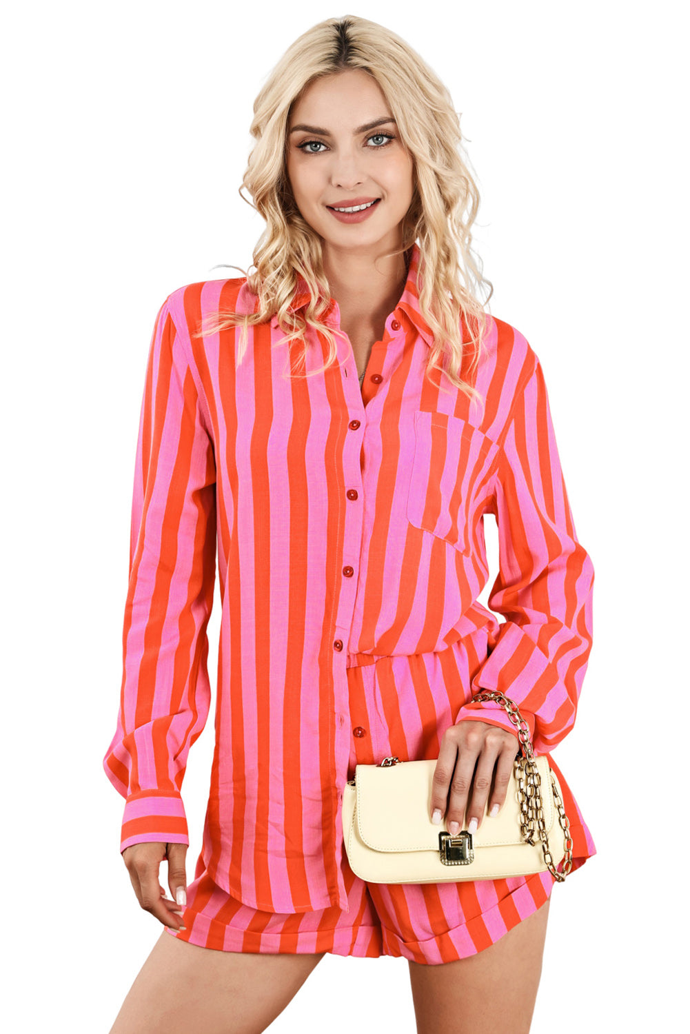 Striped Print Collared Neck Shirt and Shorts Set