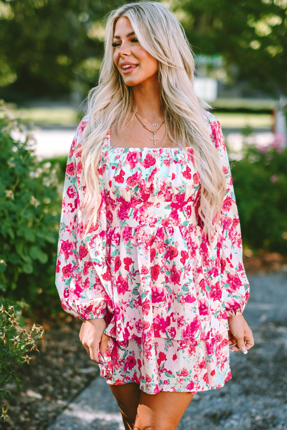 Ruffle Tiered High Waist Puff Sleeve Floral Dress