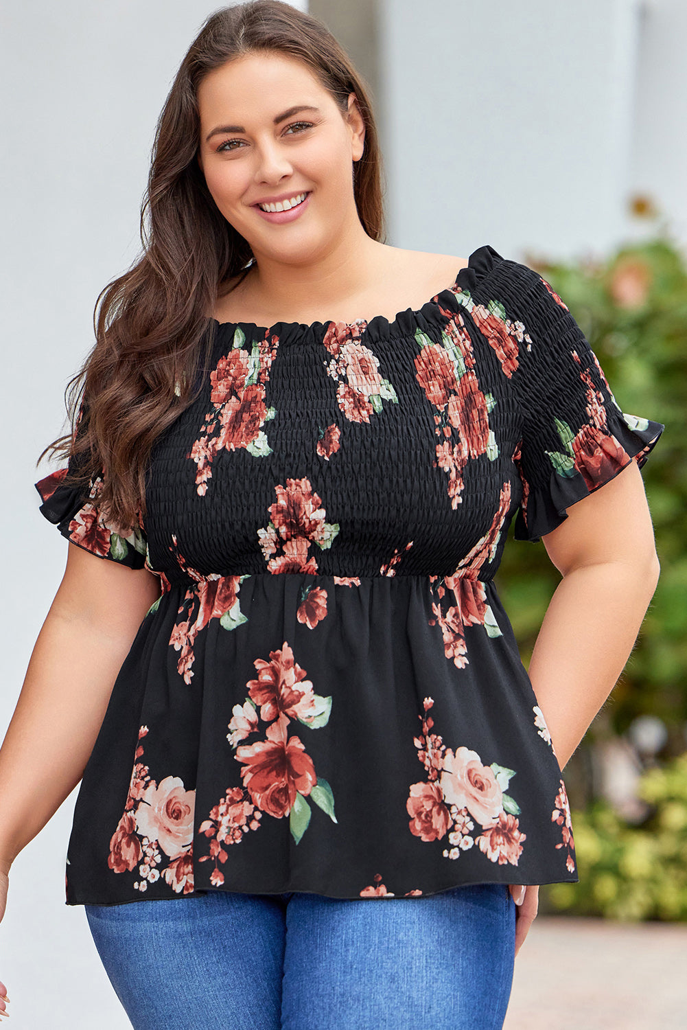 Floral Smocked Off Shoulder Plus Size Blouse