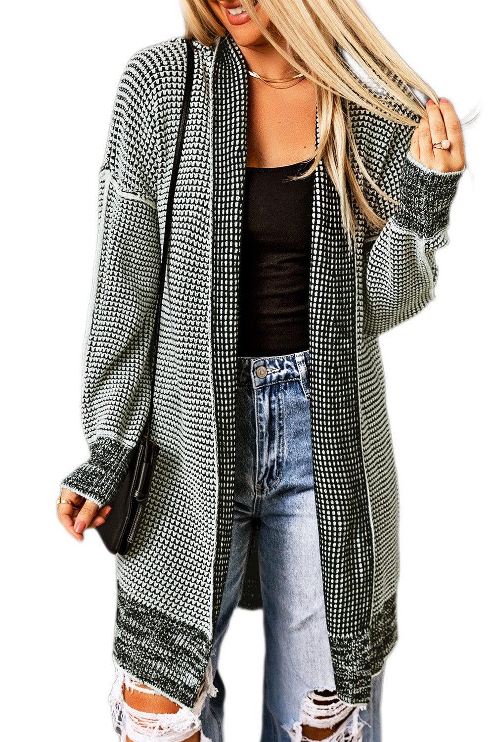 Gray Textured Knit Pocketed Duster Cardigan