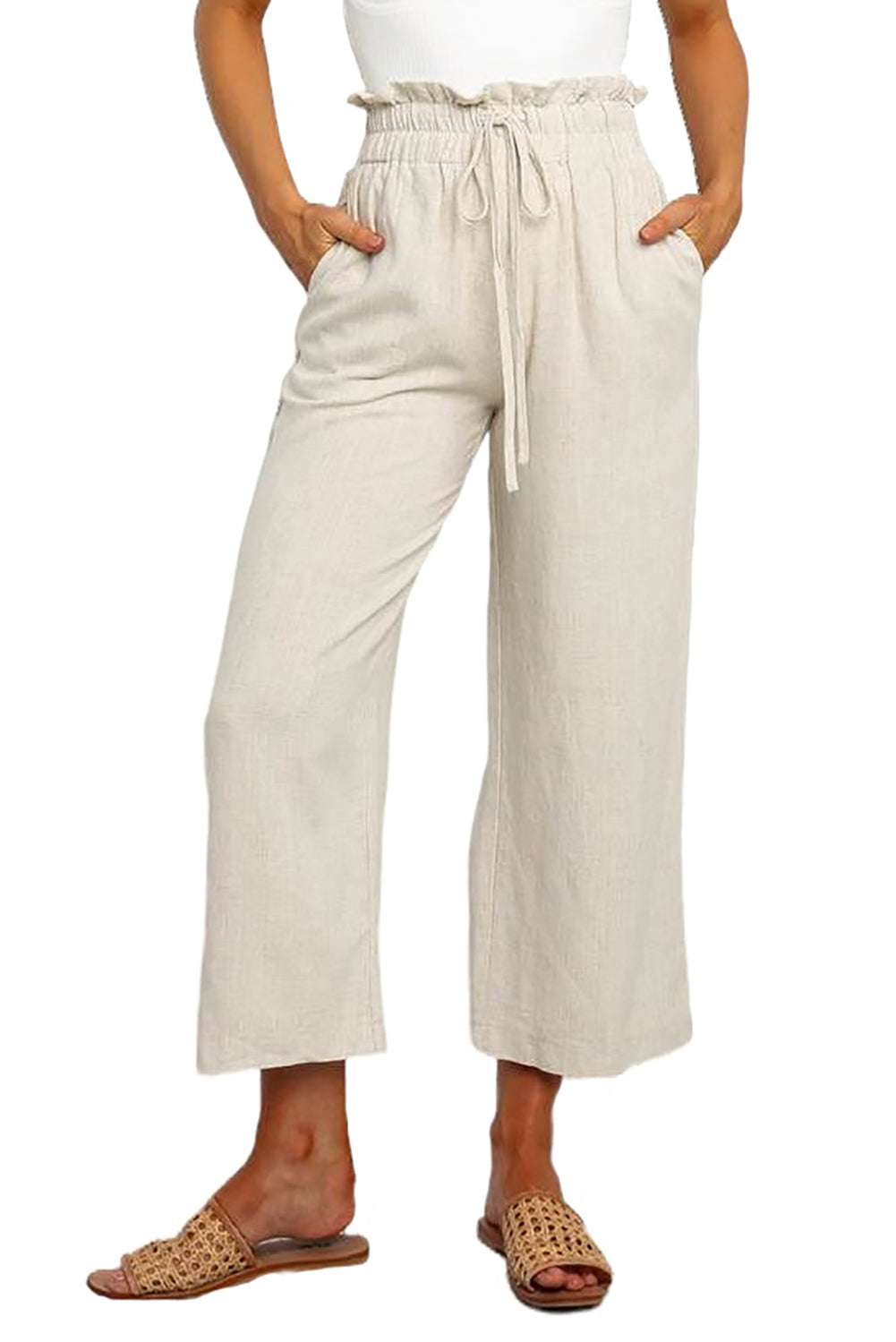 Paperbag Waist Straight Leg Cropped Pants