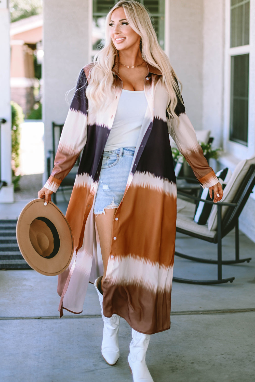 Tie Dye Colorblock Button Down Maxi Kimono