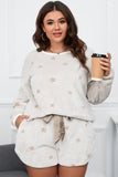 White Plush Star Pattern Long Sleeve Pullover and Shorts Lounge Set