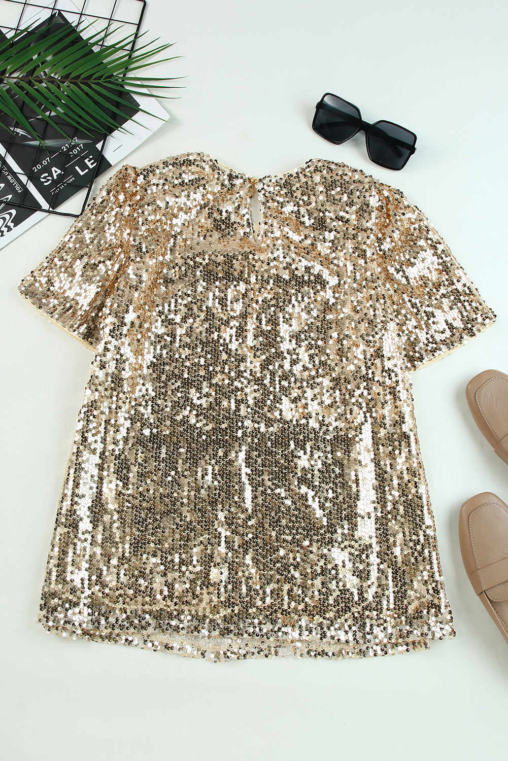 Keyhole Back Sequin Puff Sleeve T Shirt