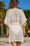 Hollow-out Lace Patterned Pompom Trim Beach Cover-up