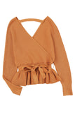 Rib Knit Surplice Neck Belted Peplum Sweater