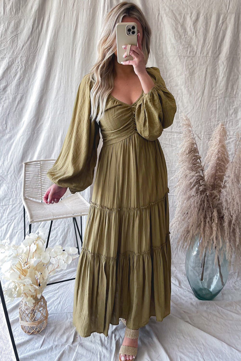 Green V Neck Bowknot Cutout Frill Tiered Maxi Dress