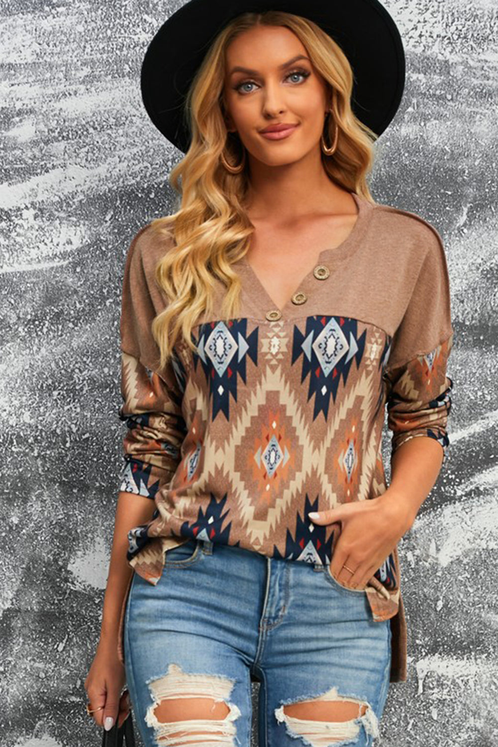 Western Aztec Print Buttoned V Neck Top