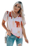 Color Block Ruffled Short Sleeve V Neck T-shirt